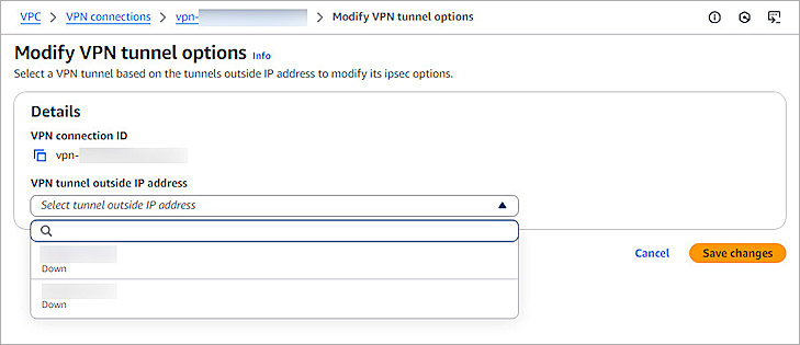 Screenshot of AWS, Modify VPN Tunnel Options page